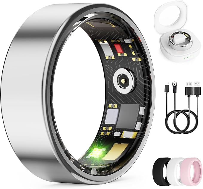 Smart Ring for Women & Men, Health Tracker Ring with Heart Rate, SpO2, Blood Pressure,Temperature, HRV & Stress, IP68 Waterproof Fitness Ring, Sleep Tracker for iPhone & Android (Silver, 10#)