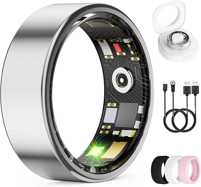 Smart Ring for Women & Men, Health Tracker Ring with Heart Rate, SpO2, Blood Pressure,Temperature, HRV & Stress, IP68 Waterproof Fitness Ring, Sleep Tracker for iPhone & Android (Silver, 7#)