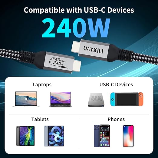USB 4 Cable for Thunderbolt 4 Cable with 240W Fast Charging,40Gbps Data Transfer and 8K@60Hz Video,USB4/USB-C Data Cable Compatible with Thunderbolt 4/3, iPhone15,MacBook (Grey, 6.6FT/2M)