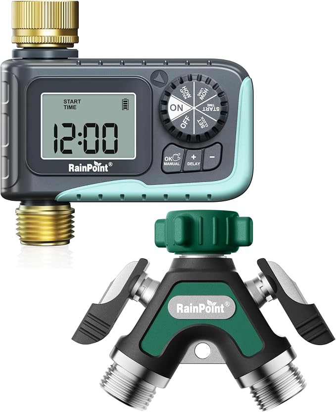 RAINPOINT Sprinkler Hose Timer with 2 Way Heavy Duty Metal Hose Splitter Programmable Watering Timer and 3/4 Inch GHT Y Spigot Splitter with Shut Off Valves for Faucet and Drip Irrigation