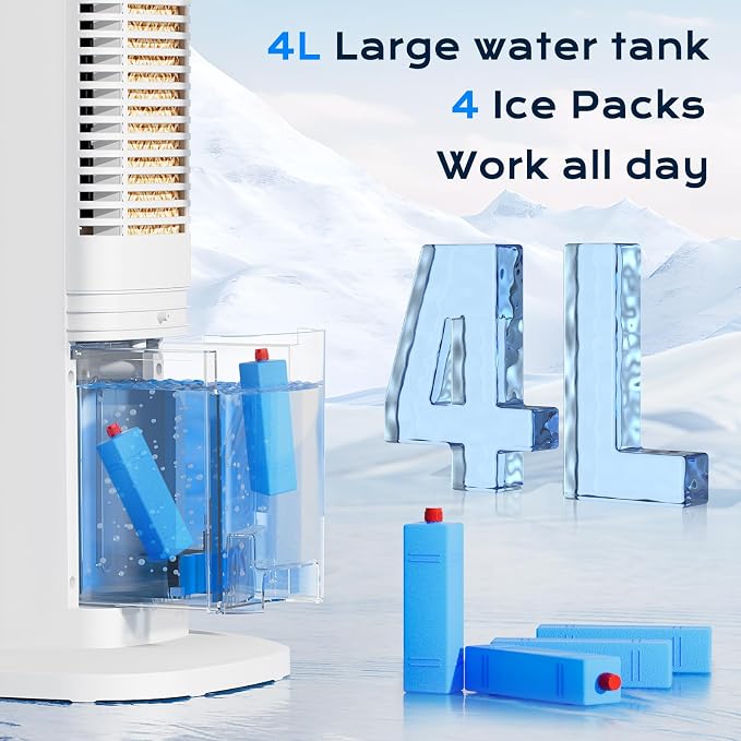 3-in-1 Portable Air Conditioners for Room, Evaporative Air Cooler, 4 Modes 3 Speeds/24H Timer, Fast Cooling Portable AC Unit, Remote 60° Oscillating Tower Fan, Quiet Swamp Cooler for Bedroom Office