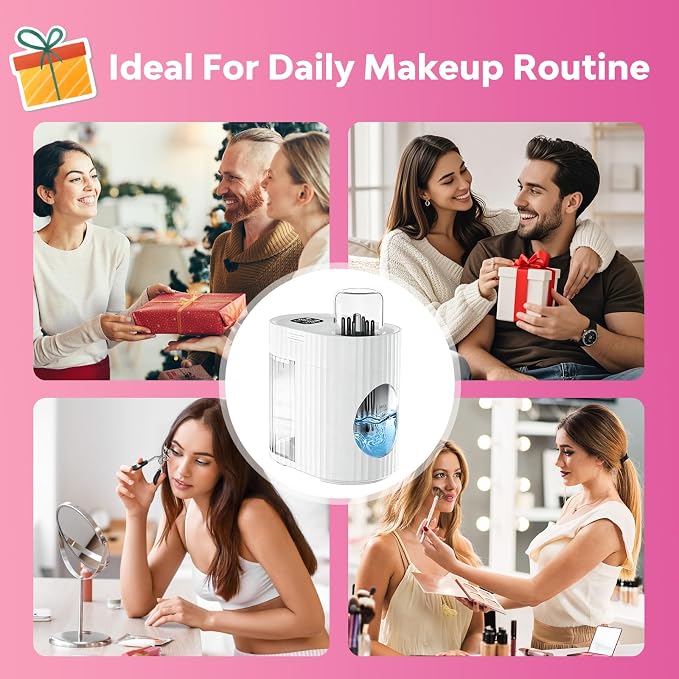 Electric Makeup Brush Cleaner Machine, 3-IN-1 Automatic Cleaning & Fast Drying, 1200RPM High-speed Spinning, Adjustable Timer, LED Display, 7 Slots for All Brush Sizes, USB Powered, Pure White
