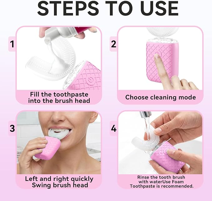 Sonic Electric U Shaped Toothbrush for Adults, Automatic Full Mouth Cleaning Toothbrush, 360° Stain Removal, IPX7 Waterproof Rechargeable, 3 U-Shape & 2 Straight Brush Heads (Pink-Cup)