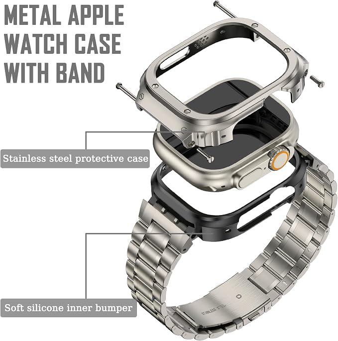 MioHHR Stainless Steel Watch Band with Case Compatible with Apple Watch Ultra3 2 1(49mm), Rugged Strap with Metal Protective Bumper Cover for iWatch Band Men(Titanium Color)
