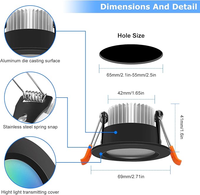 LightingWill 2 Inch LED Recessed Lighting, Smart WiFi LED Downlight, 5W Ceiling Light Compatible with Alexa/Google Assistant, Dimmable RGB & 2700K-6500K, 120V with Driver, Black Trim (1 Pack)