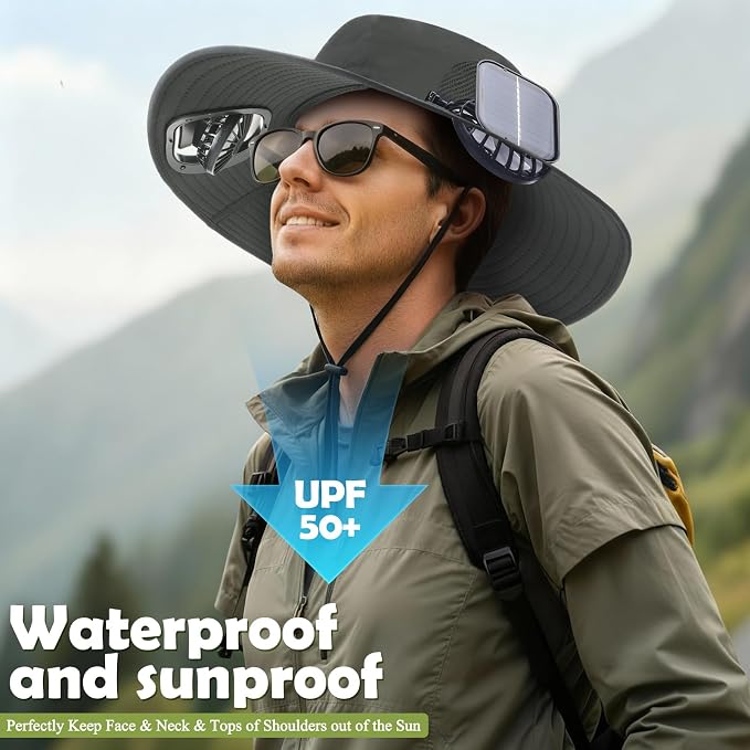 Berlune Sun Hat with 2 Solar Fan Wide Brim Fishing Bucket Hat USB & Solar for Men Women UPF 50+ Cooling for Fishing Beach