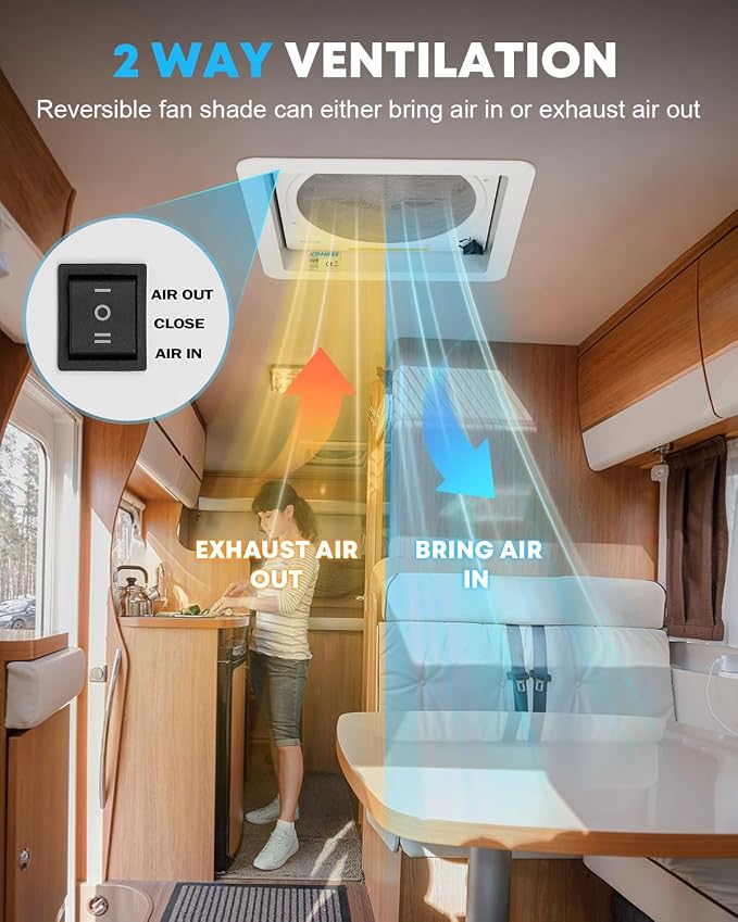Kohree 14" RV Vent Fan 10 Speed Reversible Manual Lift: 12V Super Quiet RV Roof Vent Fan for Camper Trailer Bathroom, RV Exhaust Fan with 10 Blades (NO REMOTE)