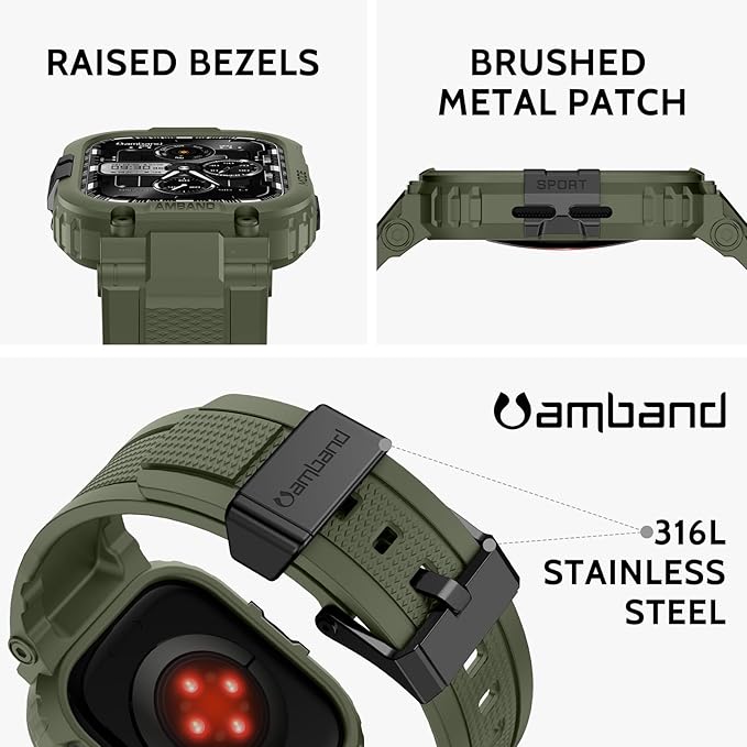 amBand for iWatch Series 11/10 46mm Band Case Men, M1 Sport Tactical Shockproof Wristband for Apple Watch 46 mm, Perfect for Fitness/Outdoor Enthusiasts Military Fans Fashion Seekers - Army Green