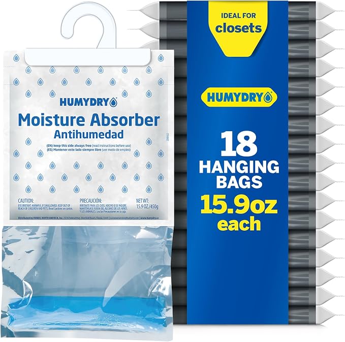 HUMYDRY Hanging Moisture Absorber Bags, 18 Count (6x3) Unscented 15.9 Oz Dehumidifiers, Up to 200 sq ft, Fights Summer Humidity, Non Electric for Closets, Wardrobes & Storage