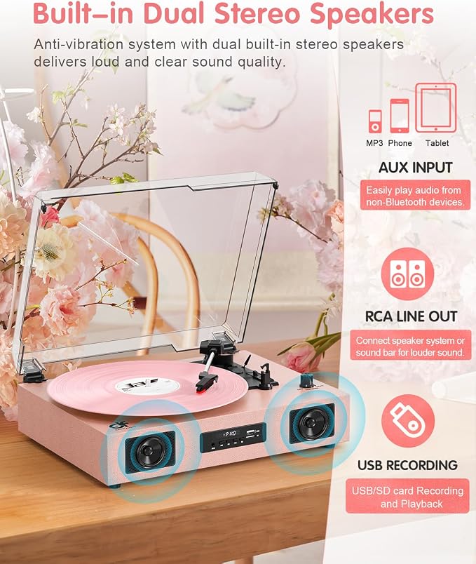 Vinyl Record Player Vintage Wireless Bluetooth Record Player with Enhanced Speakers, USB Recording, LP Player with 3-Speed Belt Drive Turntable Support RCA Line-Out AUX Input EQ,Pink