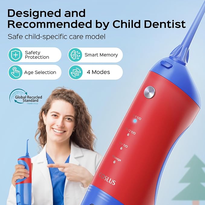 COSLUS C31 Kids Water Dental Flosser Deep Cleaning Picks Portable 4 Modes for Ages 6+ Safe Waterproof Rechargeable with 2 Jet Tips for Gums Care Red Blue