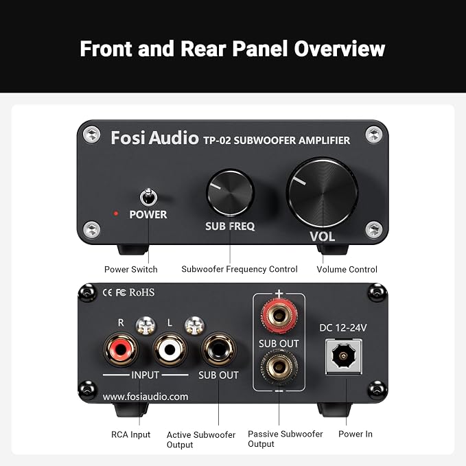 Fosi Audio TP-02 Subwoofer Amplifier Home Audio, Mini Bass Amp Mono Subwoofer Amp, with TDA7498E Chip 220W Volume and Frequency Control, for Powered Passive Subwoofers Bass Shakers