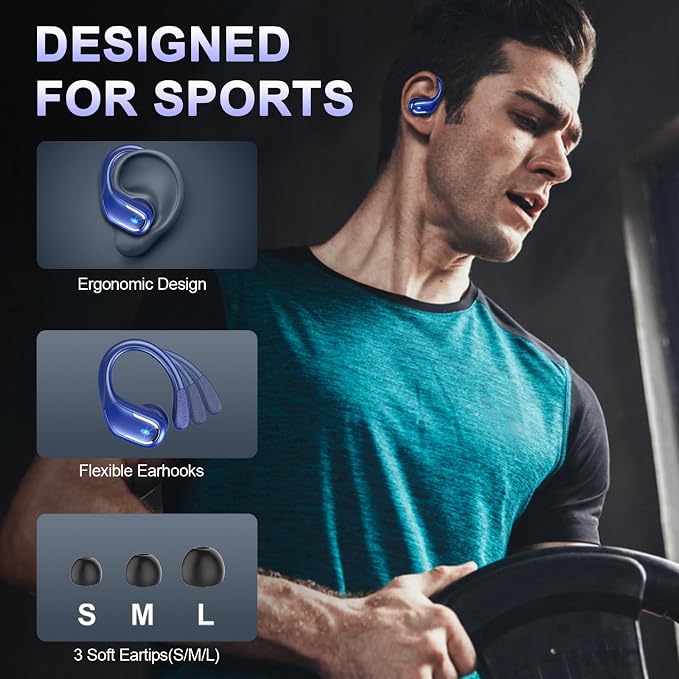 Ltinist Wireless Earbuds, 75hrs Bluetooth 5.4 Headphone Sport, Bluetooth Earbuds Deep Bass Over Ear Buds with Earhooks, ENC Noise Cancelling Earphone Mic, IP7 Waterproof for Workout/Running/Gym Blue