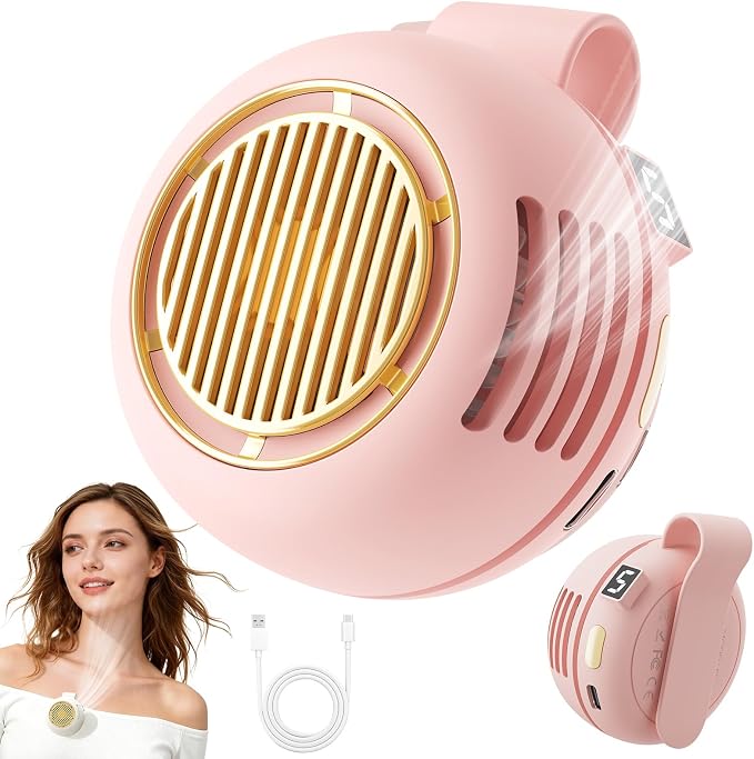 UNIWA Clip On Fan, Portable Silent Mini Bladeless Fan for Shirt/Waist, 5 Speed Adjustable&LED Display, Spin 360° Fan, Hands-Free, Small Wearable Fan for Outdoor Travel, Office, Gift Women/Mom Pink