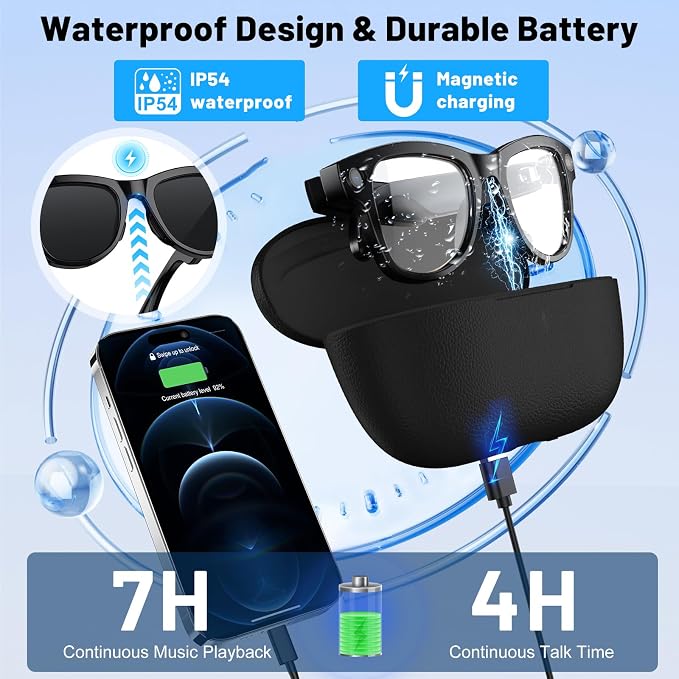 Smart Glasses with Camera with 3600mAh Charging Case, 8MP HD Video Recording with Anti-Shake POV Camera, AI Voice Assistant, AI Smart Glasses with AI Translation for Travel Vlog Business