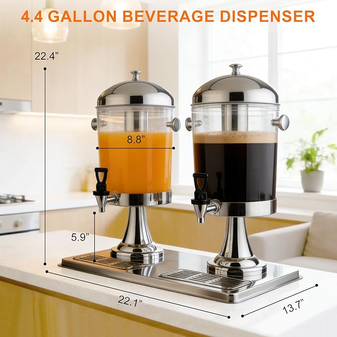 4.4 Gallon Iced Beverage Drink Dispenser, Stainless Steel Water Jar with Stand, Iced Beverage Drink Dispenser for Parties, Commercial Hot Cold Juice, Hot & Cold Drinks