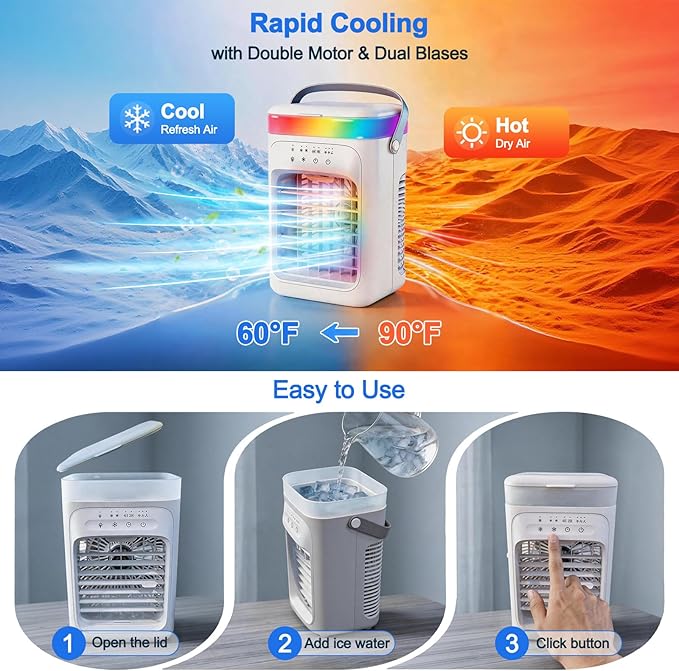 2026 New 4-in-1 Portable Air Conditioner, Sound ≤30dB Mini AC Unit, 12H Runtime, 1000ML Evaporative Air Cooler, 3 Speed & 2 Mist, Remote, USB, Timer, 7-Color LED for Bedroom Office Car - 1 PCS
