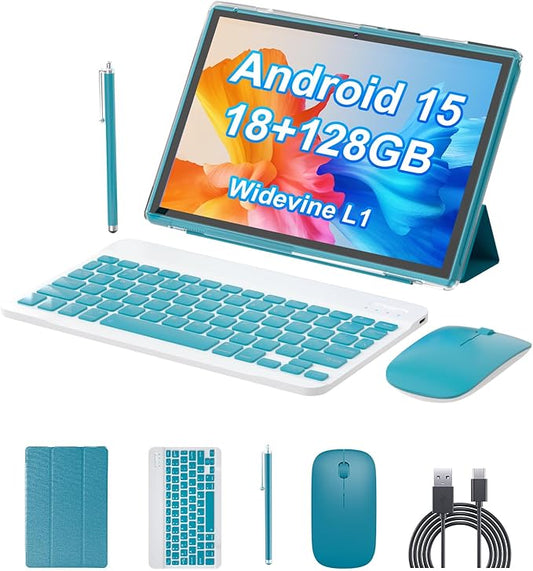 PEICHENG Android 15.0 10Inches Tablet, 18GB RAM+128GB ROM+2TB Expandable, Tab Set with Keyboard/Case/Mouse/Stylus, 2.0GHz Quad-core Processor, 1280 * 800 IPS HDScreen, 5G WiFi6 BT 5.0 (Blue)