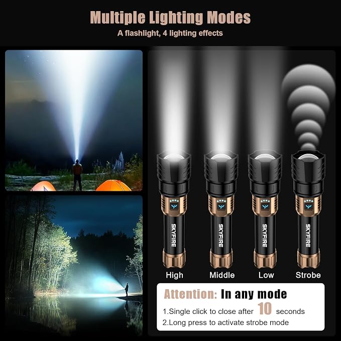 SKYFIRE Rechargeable Flashlights High Lumens,3000lm Super Bright Flashlight,Zoomable,4 Modes,Waterproof LED Flash Light for Camping Essentials,Outdoor and Home Emergencies