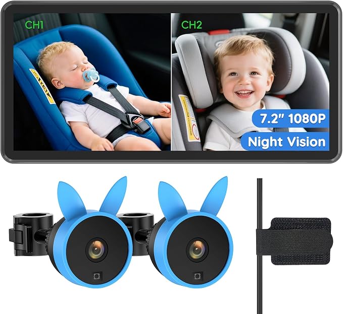 Babyvue BV3PRO Dual Baby Car Camera for 2 Boys, 7.2" 1080P HD Split Screen, Crystal Clear IR Night Vision, No Distortion Display Baby Car Monitor, Safe Driving for Back Seat & Pets