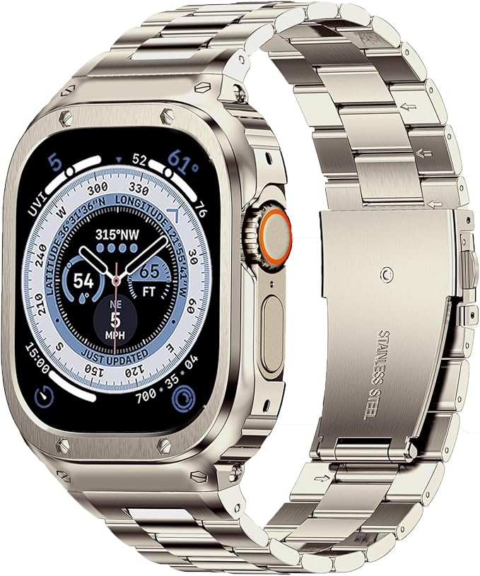 MioHHR Stainless Steel Band and Case Compatible with Apple Watch Band 49mm, Men Metal Protective Bumper Cover for iWatch Series Ultra 3/2/1, Titanium Color