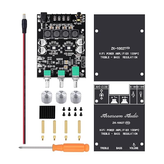 ZK-1002T PRO Bluetooth 5.0 Amplifier Board 2.0 Channel 200W HiFi Subwoofer Audio AMP with Treble and Bass, BT USB and AUX Inputs, DC 12-24V Stereo AMP Module for DIY Speakers (2 Pack)