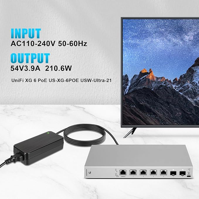 54V dc Power Adapter that Works with Ubiquiti Networks UniFi XG 6 PoE US-XG-6POE USW-Ultra-210W 6 8 Port Switch UI.com ADS-210NX-48-1 540210E ADS-210NX-48-1540210E 54 V 3.9A Power Supply.