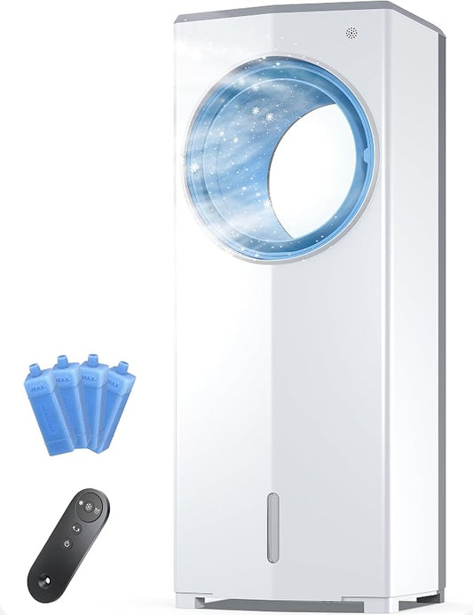 Windowless Portable Air Conditioner, 26.1" Small Evaporative Air Cooler for Room No Window, 3-Speed Settings, 4 Modes, 7H Timer, Remote Control, 4 Ice Packs, Quiet AC Unit for Bedroom, Ivory