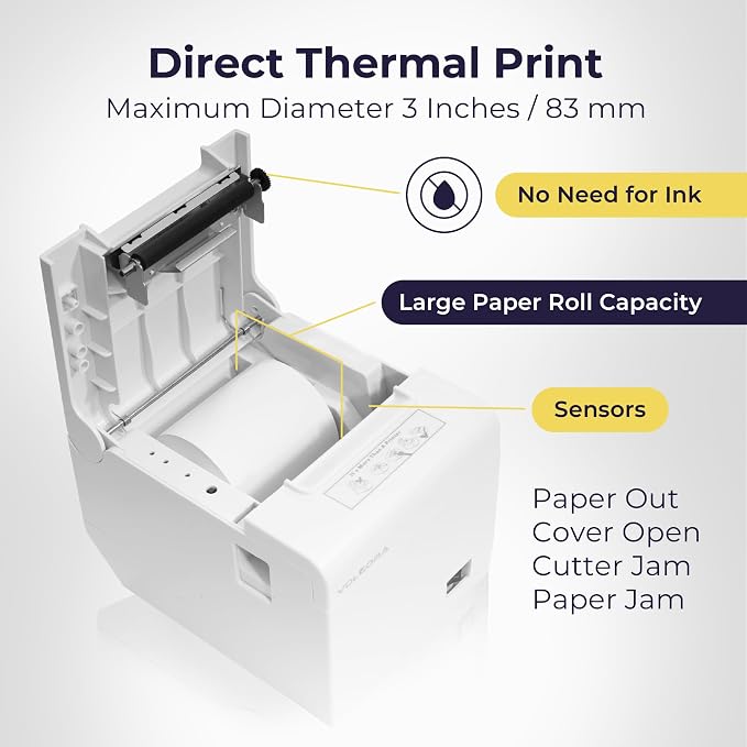 Volcora Thermal Receipt Printer, 80mm POS Printer w/Auto Cutter, USB/Ethernet Interface for Windows/MAC/Linux, ESC/POS Command Support Cash Drawer, High Speed Kitchen Printer, Wall Mount (White)