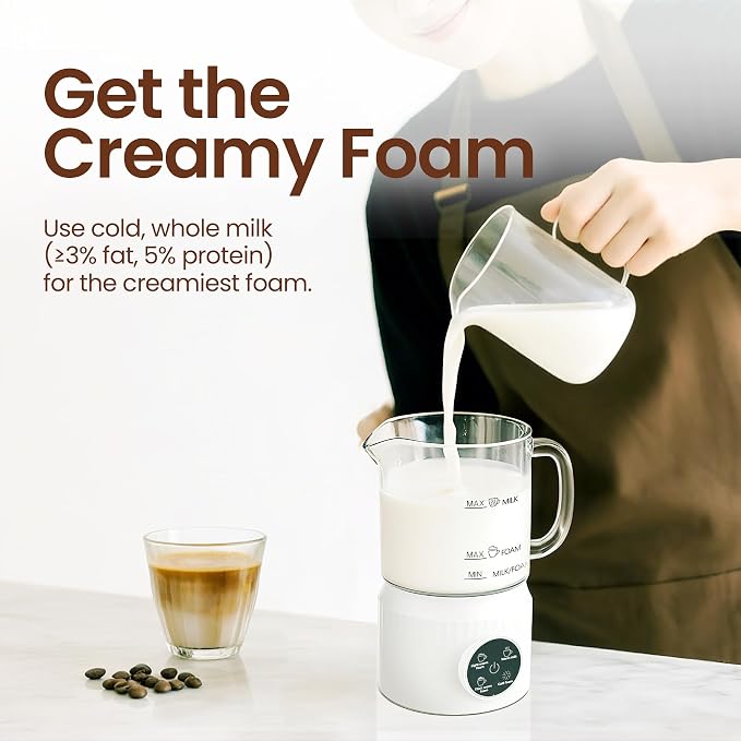 4-in-1 Electric Milk Frother and Steamer for Whole Milk, LED Touch Screen, Cold and Warm Foam Maker, Ceramic-Coated, 13.52oz for Lattes, Cappuccinos and Hot Chocolate, Auto Shut-Off, Cream White