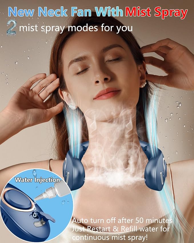 Neck Fan with Mist Spray, Bladeless Fans that Blow Cold Air, 5 Speeds, 2 Mist Modes, USB-C Rechargeable, LED Battery & Wind Display, Folding for Outdoor Travel Work, Women Men Kids Gifts (Blue)