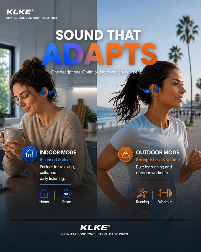 Open-Ear Bone Conduction Headphones for Running, Bluetooth Sports Headphones with Rear Safety Light, Dual Modes, Adjustable Fit, IP66 Waterproof, Mic, 10H Playtime for Gym Cycling