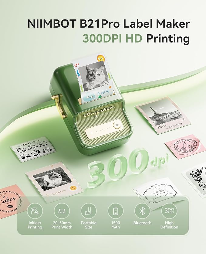 NIIMBOT B21 Pro Label Maker, 300DPI HD Label Printer, Ideal for Notes,Photos, Study Graphics, Memo Maker,50x30mm Label(Pine Green)