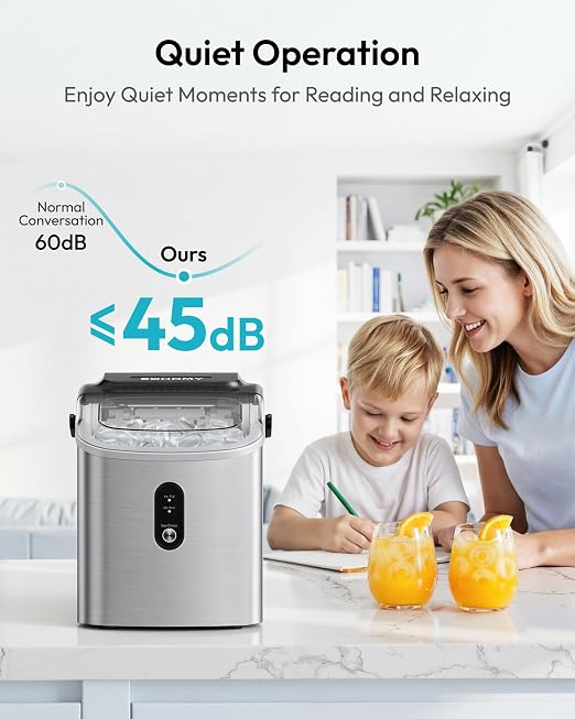 EUHOMY Countertop Ice Maker Machine with Handle, 26.3lbs Per Day, 9 Cubes in 6 Mins, Auto-Cleaning Portable Ice Maker with Basket and Scoop, for Home/Kitchen/Camping/RV (Silver)