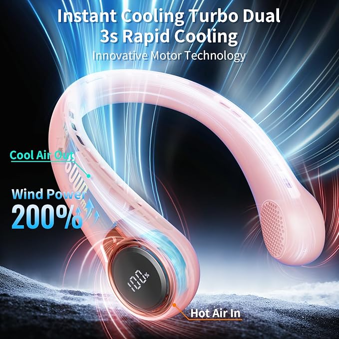 BNBZ Portable Neck Fan, 6000mAh Rechargeable Fan Blows Cold Air with LED Display, 4 Speeds, 20H Runtime, Quiet Wearable 360° Personal Cooling Fan for Outdoor Travel Work Gym,Fireplace Fans-Pink