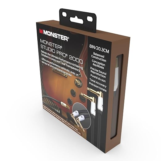 Monster Prolink Studio Pro 2000 Instrument Cable, 8 in Straight to Straight Guitar Cable Cord, 95% Copper Braided Shielding, Duraflex Jacket, 24k Gold Contact TS Connectors