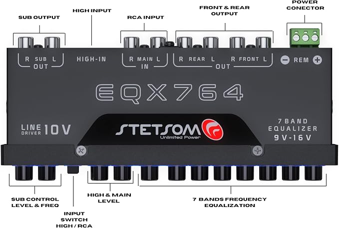 Stetsom EQX764-7 Band Equalizer, Pre-Amp Car Audio Graphic Equalizer with 4 Inputs (RCA & High) 6 Outputs, 10v Line Driver to Avoid Noise and Dedicated Sub Controls (Level & Frequency)