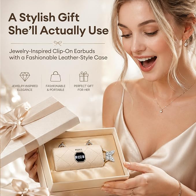Clip On Earbuds with Detachable Diamond Butterfly Earrings, Bluetooth 6.0 Open Ear Earbuds for Women, Led Display Leather Texture Charging, Comfortable Fit for Small Ear, Daily Wear&Gifts, X22 Beige