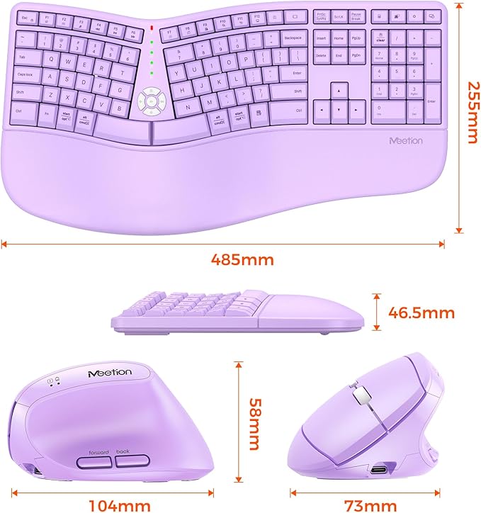 MEETION Ergonomic Wireless Keyboard and Mouse, Curved Keyboard with Vertical Mouse, Split Ergo Keyboard with Wrist Rest, Natural Typing Rechargeable Full Size, Windows/Mac/PC/Laptop, Purple