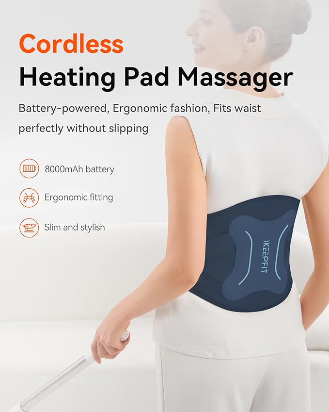 IKEEPFIT Cordless Heating Pad with Massager for Back Pain Relief: MAXwarm® 4.0, Portable Heated Back Brace with Lumbar Support for Sciatica, Large 8000mAh Battery, for Women Men 70"