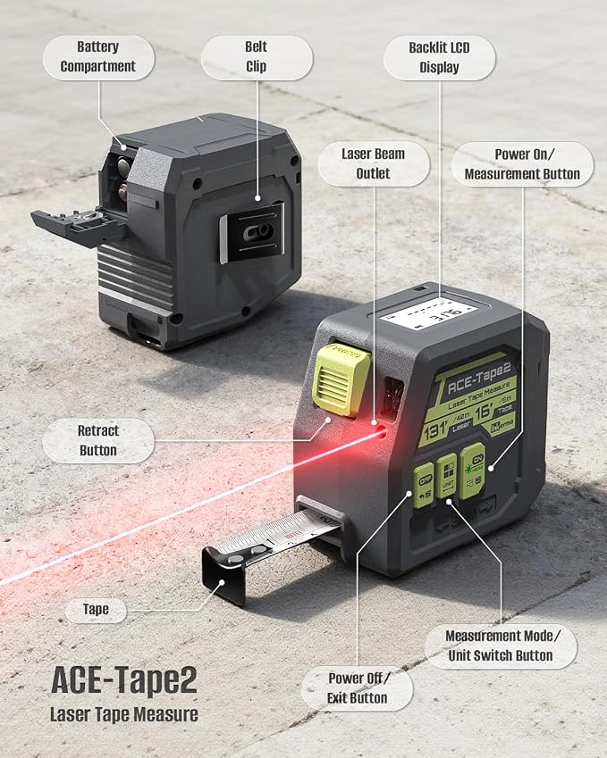 Laser Tape Measure 2-in-1, Inkerma 130Ft Laser Measurement Tool & 16Ft Measuring Tape, Digital Laser Tape Measure