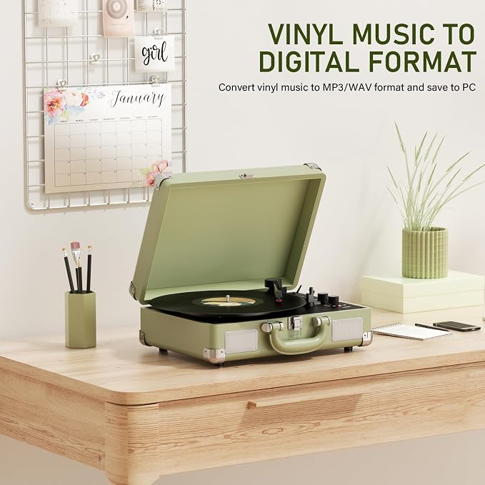 Vinyl Record Player 3-Speed Bluetooth Suitcase Portable Belt-Driven Record Player with Built-in Speakers RCA Line Out AUX in Headphone Jack Vintage Turntable,Aegean Green