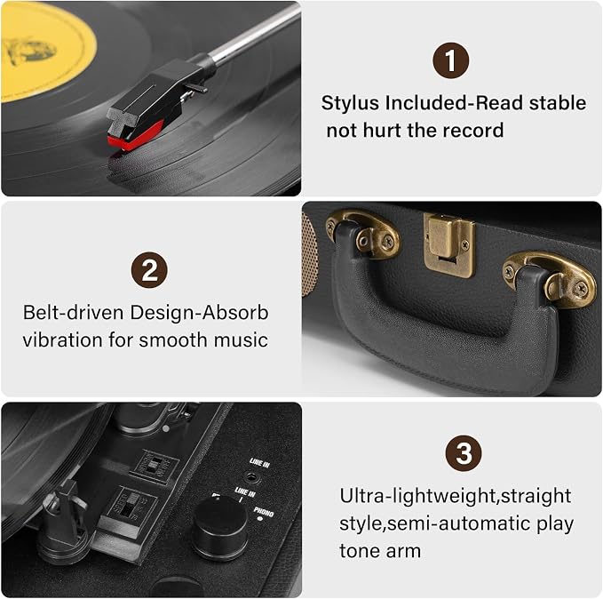 Vinyl Record Player Bluetooth Turntable 3-Speed Suitcase Portable Vintage Belt-Driven Record Player with Built-in Speakers RCA Line Out AUX in Headphone Jack LP Recording to Convert Records to MP3