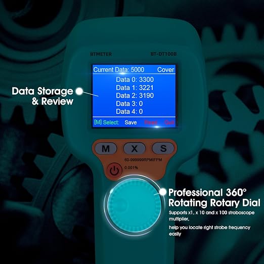 BTMETER Stroboscope Strobe Light Tachometer Non Contact Measure 60-999999 RPM/FPM Velocity Hz with 0.001% Accuracy, Handheld Speedometer Gun DT100B for Car Engine Gear Motor Troubleshoot