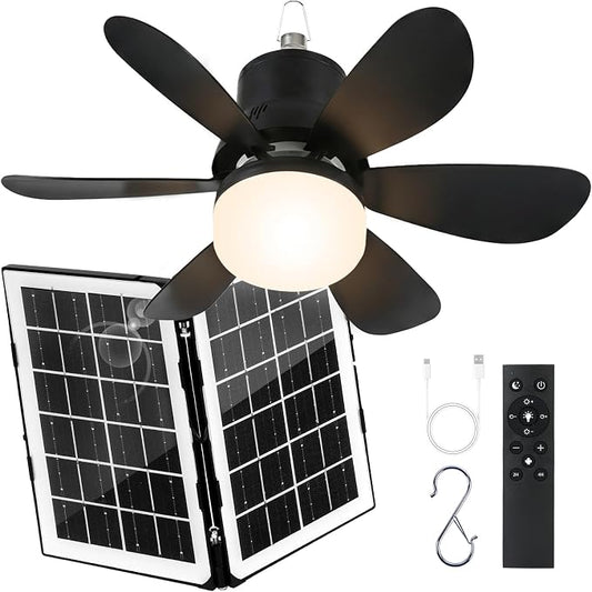 Portable Solar Ceiling Fan with Lights,18.5in Outdoor Fan with Foldable Solar Panel, Remote Control Stepless Dimmable, Timer, 3 Speeds 30dB, Tool-Free Setup for Camping Greenhouse Chicken Coop, Black