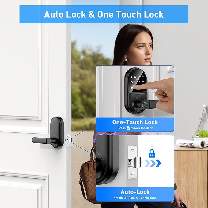 Smart keypad Door Lock with Handle，Fingerprint Keyless Entry Digital Lock with Built-in doorbell for Front Door,Bedroom,biometric Door knob, APP Control