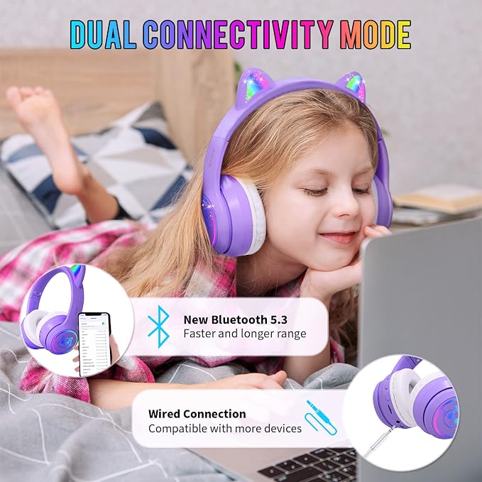 IFECCO Kids Headphones with Microphone Light Up Cat Ear Bluetooth Wireless Headset Volume-limiting for Girls Boys for School Gifts with Case