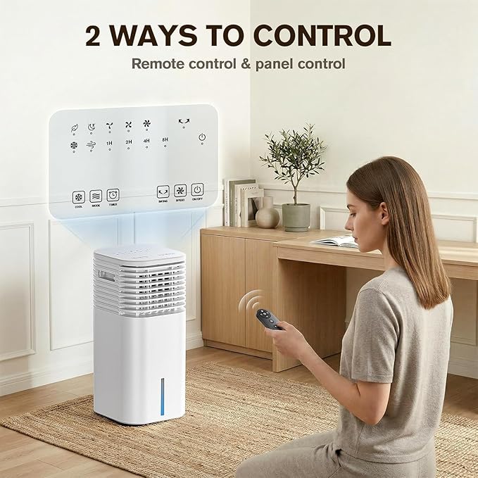 3-IN-1 Portable AC Unit with Remote, 24" Windowless Portable Air Conditioner, 15H Timer & 120°Oscillation, 2-Gal Tank, 3 Modes & 3 Speeds, Ultra-Quiet Ventless Swamp Cooler for Home Office, White