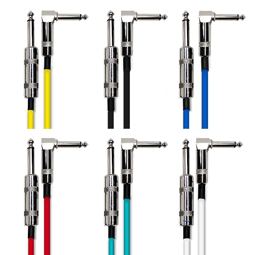 AxcessAbles 1/4" Right Angle Amp Cords for Bass & Electric Guitar - Metal TS Connectors, OFC Copper Wire | 6ft TS Instrument Cable Pack | Multi-Color Mono Guitar, Amp Cables (6ft, 6 Pack)