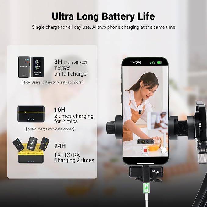 NEEWER CM28 Wireless Lavalier Microphone, Smart Noise Cancelling Lav Mic, 48KHz/16Bit 9hrs Uncompressed Recording, 200m Range, 4GB Storage for iPhone, Android, Camera, 1 RX + 2 TX + Charging Case